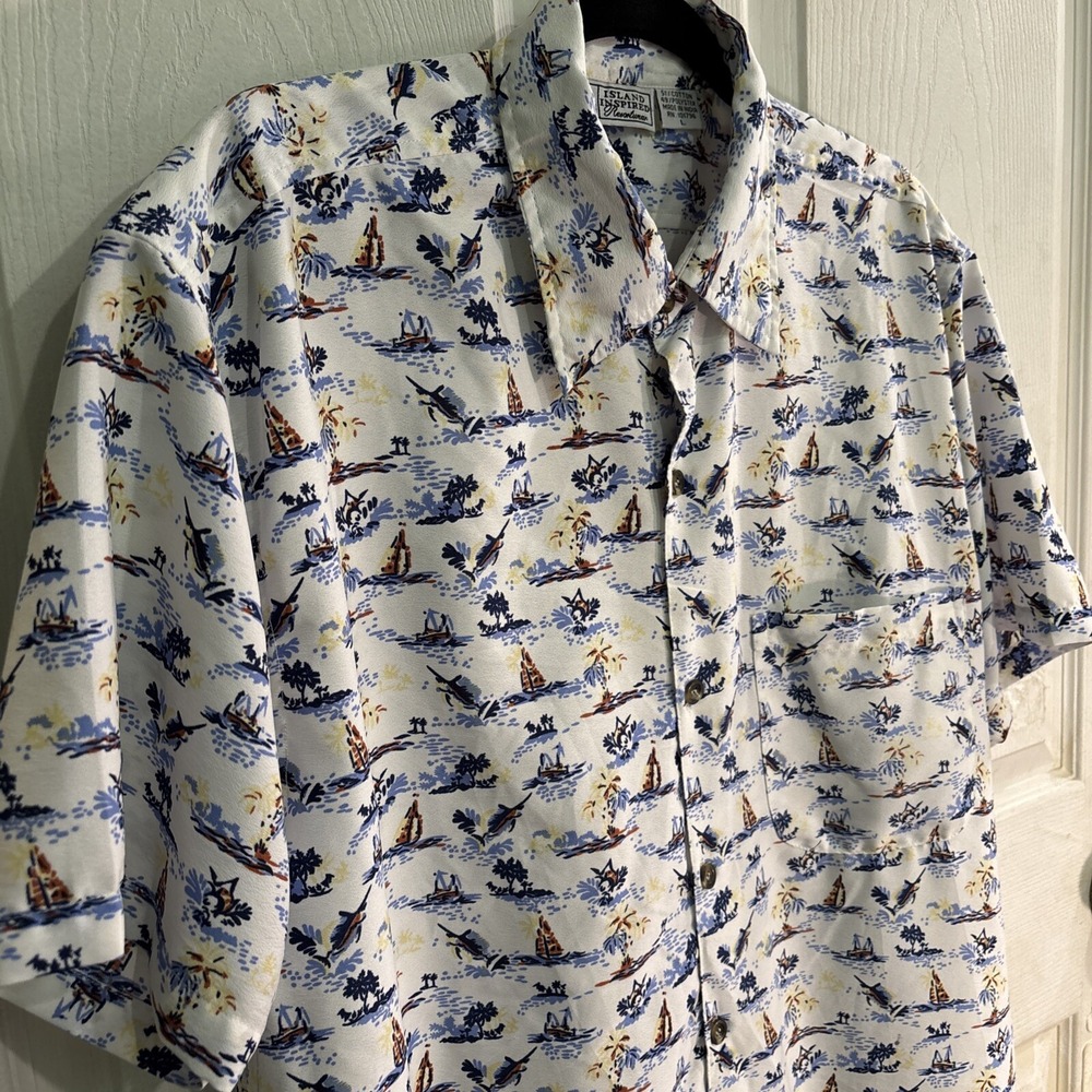 Hawaiian Shirt Mens Large Island Inspired Resortwear Sailing Marlin Fishing Camp